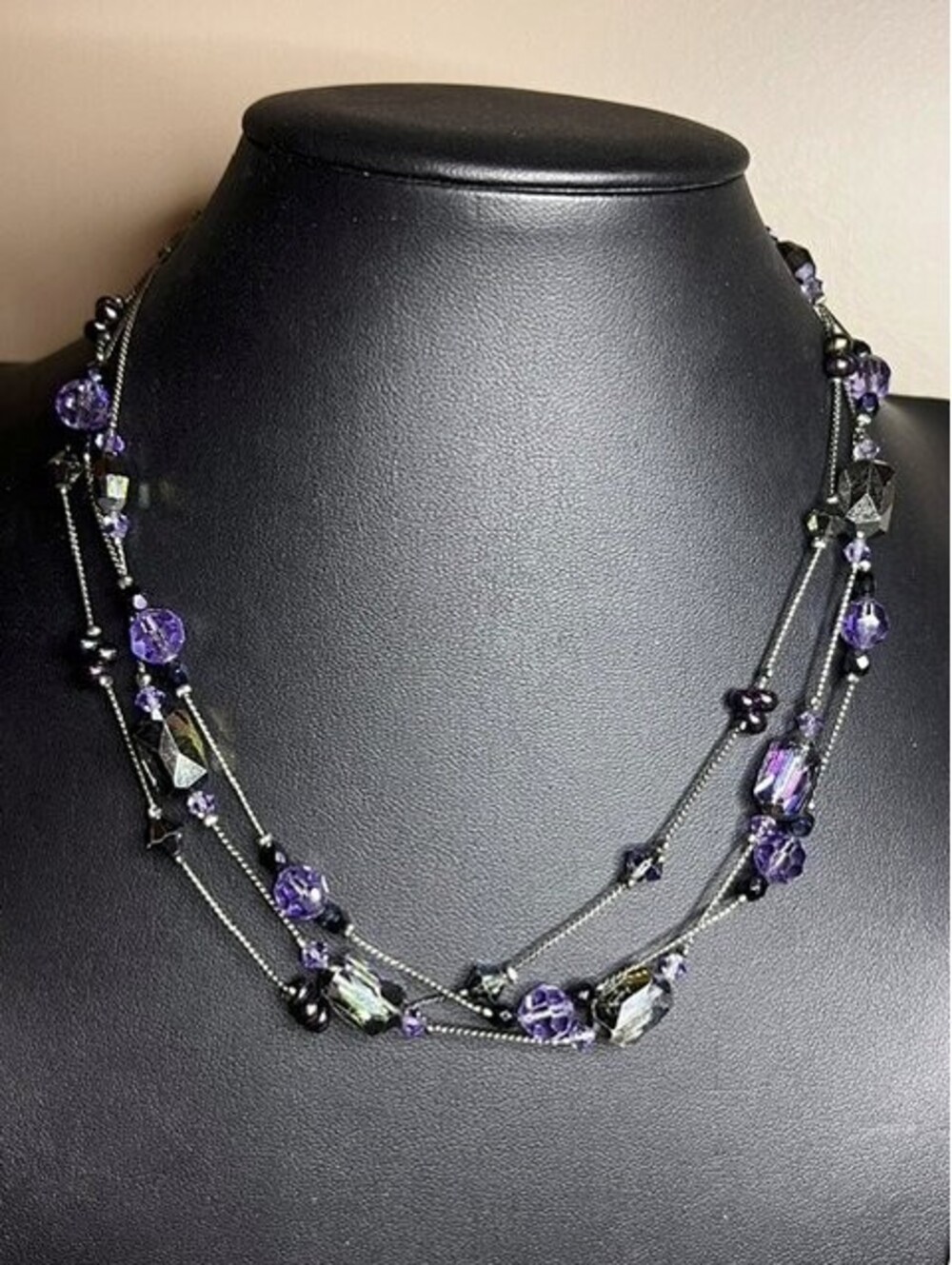 B6387 Dabby Reid Multi-Strand Beaded Necklace Purple Iridescent AB Crystal 18"